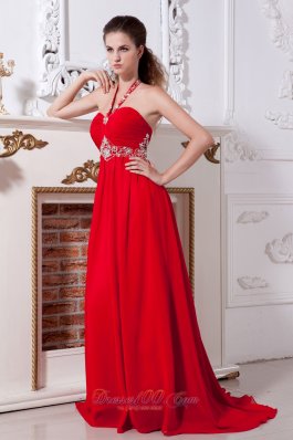 Beaded Red Halter Prom Evening Dress Chiffon Train