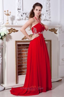 Beaded Red Halter Prom Evening Dress Chiffon Train