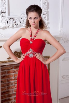 Beaded Red Halter Prom Evening Dress Chiffon Train