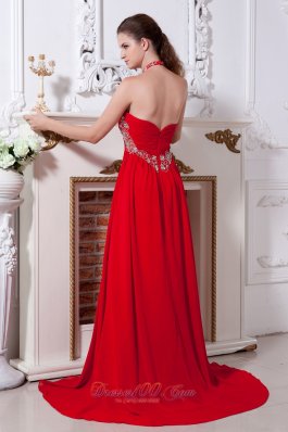 Beaded Red Halter Prom Evening Dress Chiffon Train