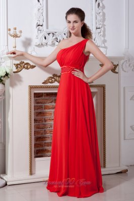 One Shoulder Beaded Red Prom Evening Dress Chiffon