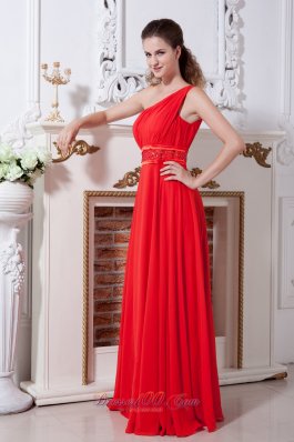 One Shoulder Beaded Red Prom Evening Dress Chiffon