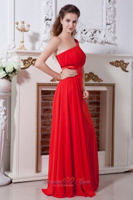 One Shoulder Beaded Red Prom Evening Dress Chiffon