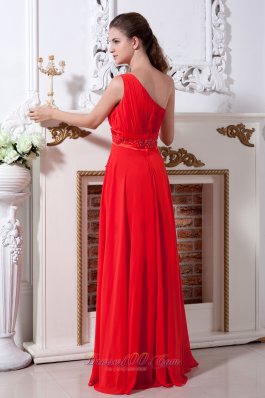 One Shoulder Beaded Red Prom Evening Dress Chiffon