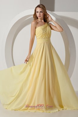 Beaded One Shoulder Light Yellow Prom Evening Dress