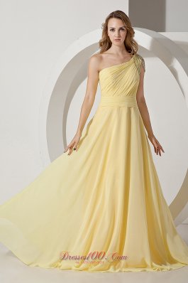 Beaded One Shoulder Light Yellow Prom Evening Dress