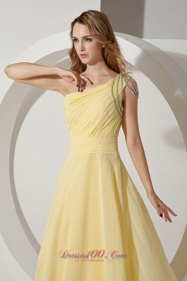 Beaded One Shoulder Light Yellow Prom Evening Dress