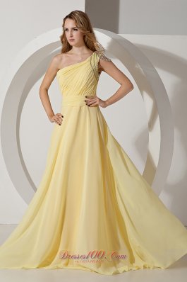 Beaded One Shoulder Light Yellow Prom Evening Dress
