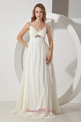 White Straps Prom Evening Dress Chiffon Brush Train