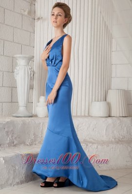 Blue V-neck Prom Evening Dress Mermiad Ruch Brush