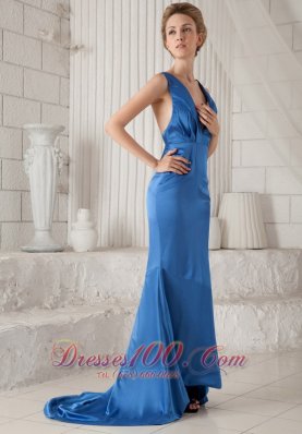 Blue V-neck Prom Evening Dress Mermiad Ruch Brush