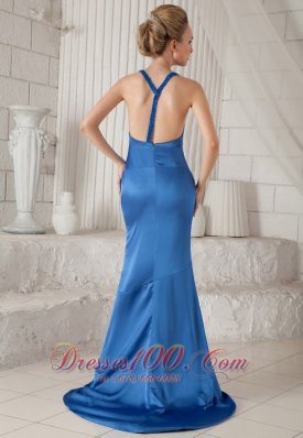 Blue V-neck Prom Evening Dress Mermiad Ruch Brush