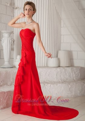 Ruched Red Prom Evening Dress Chiffon Court Train