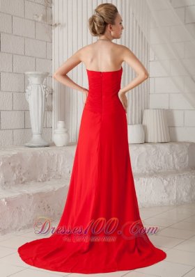 Ruched Red Prom Evening Dress Chiffon Court Train