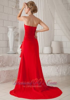 Ruched Red Prom Evening Dress Chiffon Court Train