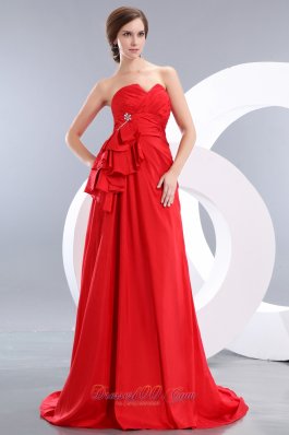 Beading Train Red Prom Evening Dress Ruch Sweetheart