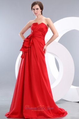 Beading Train Red Prom Evening Dress Ruch Sweetheart