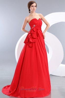 Beading Train Red Prom Evening Dress Ruch Sweetheart