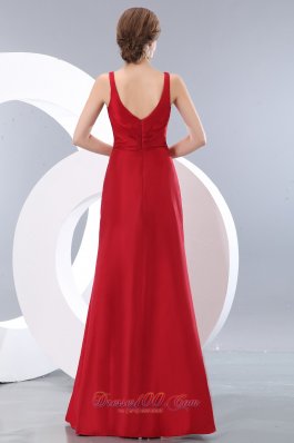 Red Column V-neck Ruch Bridesmaid Dress For Party