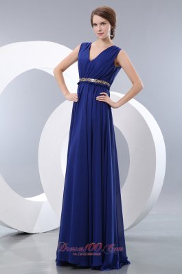 V-neck Belt Royal Blue Junior Prom Evening Dress Chiffon