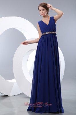 V-neck Belt Royal Blue Junior Prom Evening Dress Chiffon