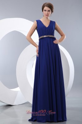 V-neck Belt Royal Blue Junior Prom Evening Dress Chiffon