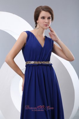 V-neck Belt Royal Blue Junior Prom Evening Dress Chiffon