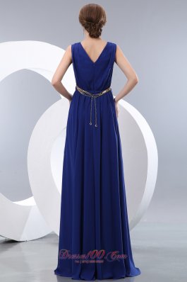 V-neck Belt Royal Blue Junior Prom Evening Dress Chiffon