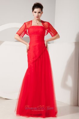 Ruched Tulle Red Prom Evening Dress Column Strapless