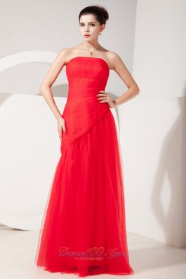 Ruched Tulle Red Prom Evening Dress Column Strapless