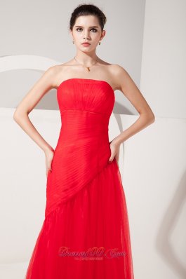 Ruched Tulle Red Prom Evening Dress Column Strapless