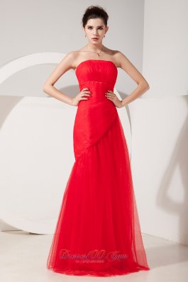 Ruched Tulle Red Prom Evening Dress Column Strapless