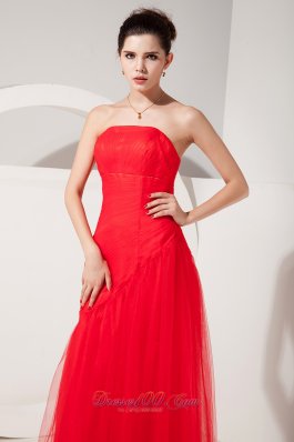 Ruched Tulle Red Prom Evening Dress Column Strapless