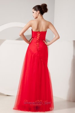 Ruched Tulle Red Prom Evening Dress Column Strapless