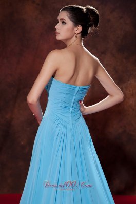 Aqua Blue Ruched Prom Evening Dress Strapless Train