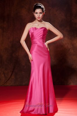 Mermaid Ruched Hot Pink Junior Prom Dress Satin Train