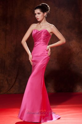 Mermaid Ruched Hot Pink Junior Prom Dress Satin Train