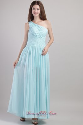 Light Blue One Shoulder Ruched Evening Prom Dress