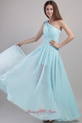 Light Blue One Shoulder Ruched Evening Prom Dress