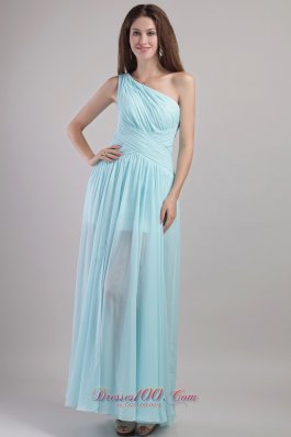 Light Blue One Shoulder Ruched Evening Prom Dress