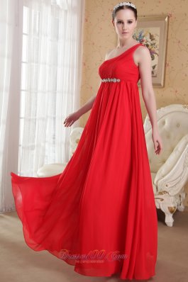 Red One Shoulder Beaded Ruch Prom Evening Dress Chiffon
