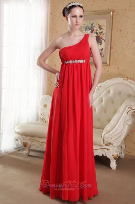 Red One Shoulder Beaded Ruch Prom Evening Dress Chiffon