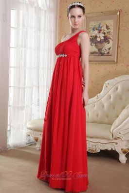 Red One Shoulder Beaded Ruch Prom Evening Dress Chiffon