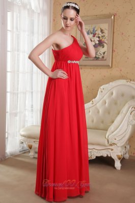 Red One Shoulder Beaded Ruch Prom Evening Dress Chiffon