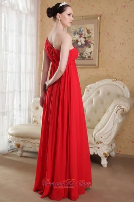 Red One Shoulder Beaded Ruch Prom Evening Dress Chiffon