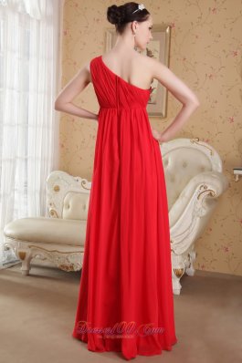 Red One Shoulder Beaded Ruch Prom Evening Dress Chiffon