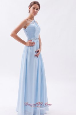 Beading One Shoulder Light Blue Prom Evening Dress