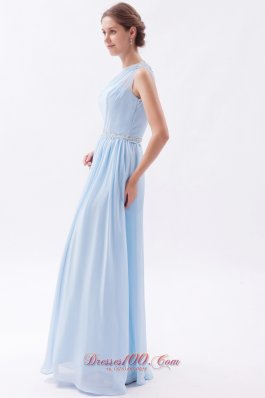 Beading One Shoulder Light Blue Prom Evening Dress