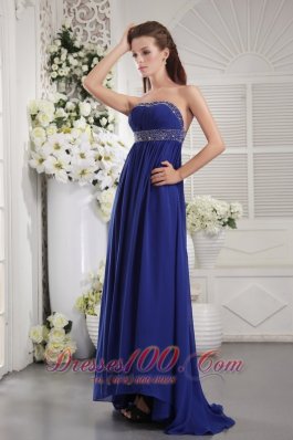 Blue Beading Prom Evening Dress Strapless Train