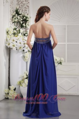 Blue Beading Prom Evening Dress Strapless Train